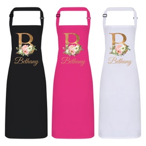 Personalised Floral Gold Initial & Name Apron. Adjustable Strap. Gift Idea for Her. Mum Sister Daughter Direct to Garment Print. 7 Colours