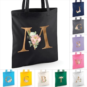 Personalisierte Blumen Gold Jeder Buchstabe Initial Tote Bag Geschenk. Einkaufstasche. Individuell bedruckt. 10 FARBEN. 100% Baumwolle. Alphabet Name Aquarell