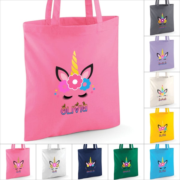 Personalised Any Name Unicorn Eyelashes Tote Bag Gift. Shopping Bag. Custom Printed. 9 COLOURS. 100% Cotton. Girls Kids Birthday Christmas