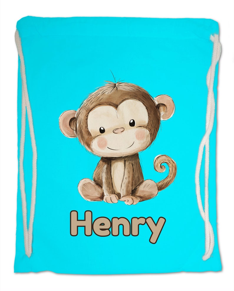 Kids Gym Bag Personalised Any Name Cute Watercolour Monkey Gym Bag. Nursery Swimming PE Boy Girl, Birthday Christmas Cotton. Back to School Surf Blue