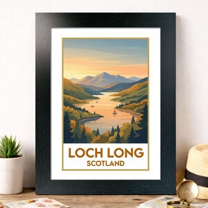 May include: Framed art print featuring a scenic view of Loch Long, Scotland. The artwork depicts a lake surrounded by mountains and trees, with small boats on the water. The sky transitions from orange to blue, and the text "LOCH LONG SCOTLAND" is displayed at the bottom.