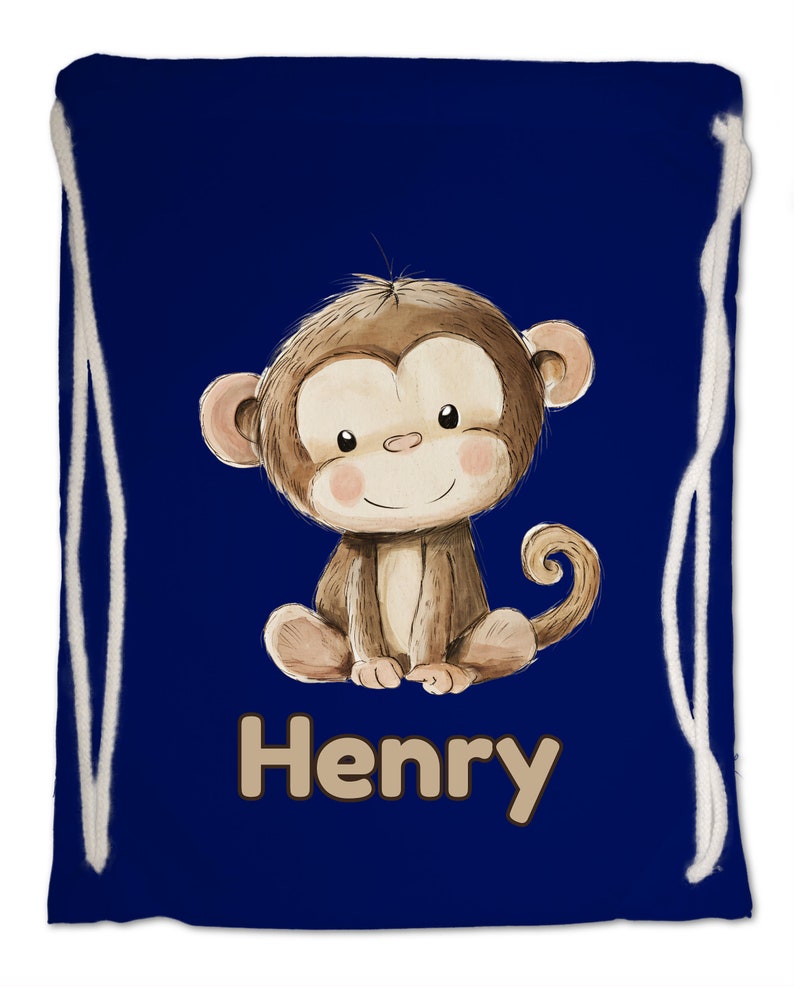 Kids Gym Bag Personalised Any Name Cute Watercolour Monkey Gym Bag. Nursery Swimming PE Boy Girl, Birthday Christmas Cotton. Back to School French Navy