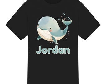 Gepersonaliseerde schattige aquarel walvis Unisex kinder T-shirt. Jongens meisjes van 1 tot 12 jaar. 6 kleuren, 100% katoenen T-shirt op maat, verjaardagscadeau voor Kerstmis