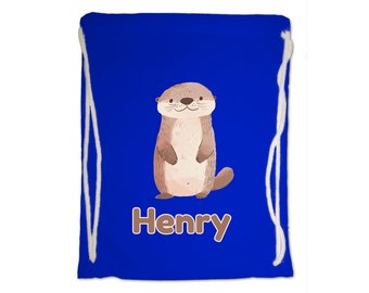 Kids Gym Bag Personalised Any Name Cute Watercolour Otter Gym Bag. Nursery Swimming PE Boy Girl, Birthday Christmas Cotton. Back to School