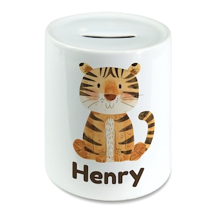 Personalised Watercolour Cute Tiger Kids Money Box Piggy Bank, Savings Jar for Kids Coins Bank Cash Box Ceramic Boys & Girls Nursery
