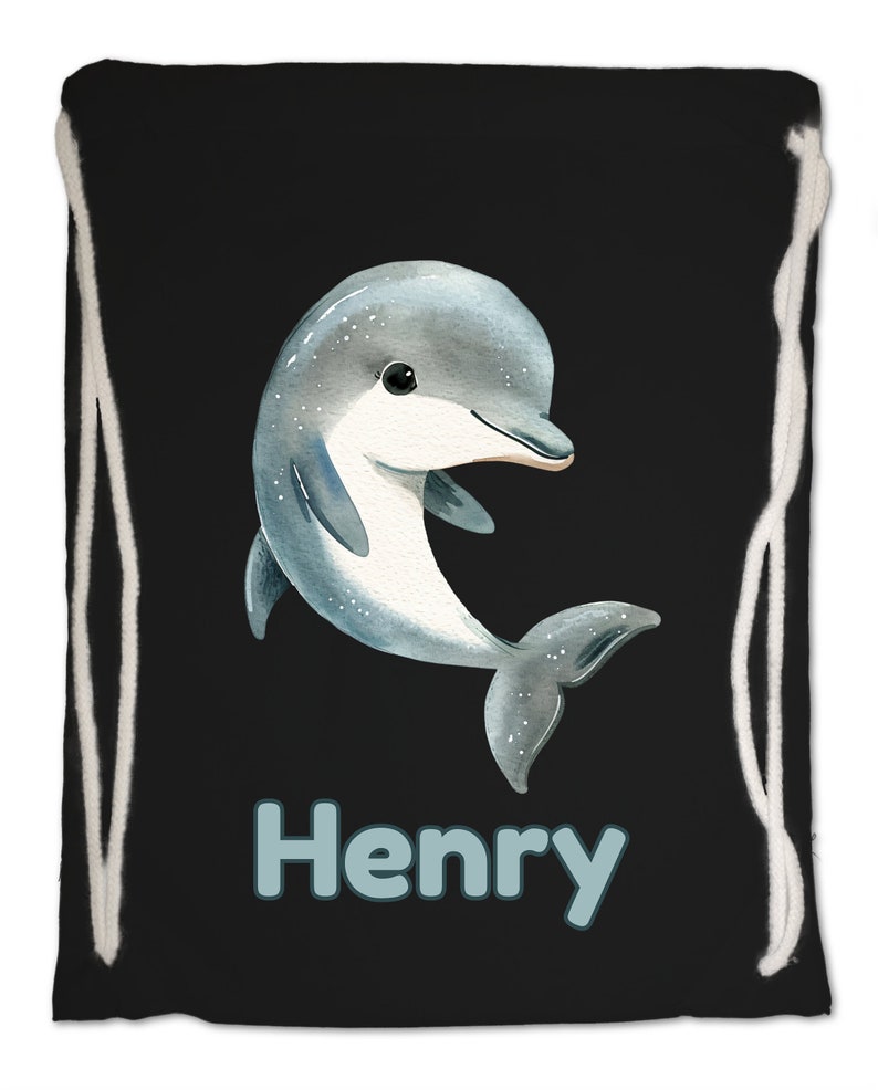 Kids Gym Bag Personalised Any Name Cute Watercolour Dolphin Gym Bag Nursery Swimming PE. Boy Girl,Birthday Christmas. Cotton. Back to School Black