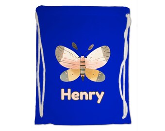 Kids Gym Bag. Personalised Any Name Cute Butterfly Gym Bag. Nursery. Swimming PE. Boy Girl, Birthday Christmas. Cotton. Back to School