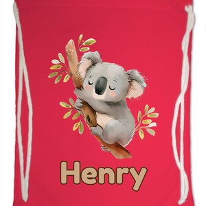 Kids Gym Bag Personalised Any Name Cute Watercolour Koala Gym Bag. Nursery Swimming PE Boy Girl, Birthday Christmas Cotton. Back to School Bright Red