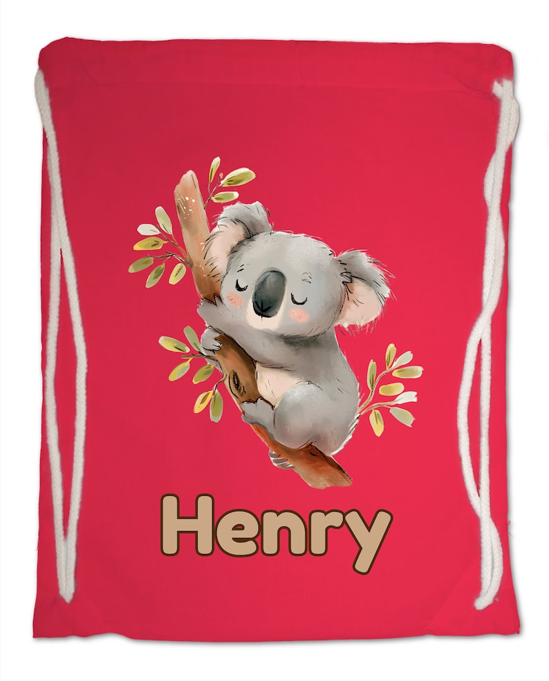 Kids Gym Bag Personalised Any Name Cute Watercolour Koala Gym Bag. Nursery Swimming PE Boy Girl, Birthday Christmas Cotton. Back to School Bright Red