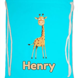 Kids Gym Bag Personalised Any Name Cute Watercolour Giraffe Gym Bag. Nursery Swimming PE Boy Girl, Birthday Christmas Cotton. Back to School Surf Blue