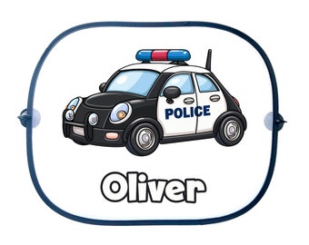 Gepersonaliseerd om het even welke naam Cartoon politiewagen auto zonnescherm voor kinderen. Bescherming tegen de zon. Eenvoudige oplossing