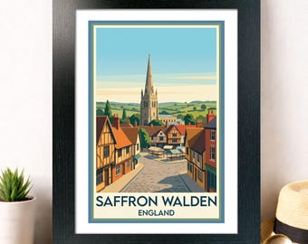 Saffron Walden, Anglia – Romantyczny plakat podróżniczy z targowiskiem. Wydruk artystyczny giclée. Grafika ścienna. Dekoracja domu
