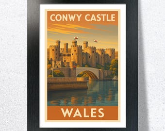 Pôster turístico do Castelo de Conwy. Impressão giclée vintage emoldurada para parede. Castelos e palácios no País de Gales.