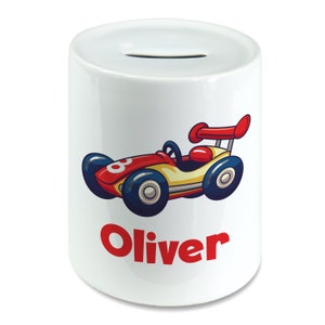 Personalised Any Name Cute Racing Car Kids Money Box Piggy Bank Savings Jar for Kids Coins Cash Box Ceramic Boys, Girls Nursery