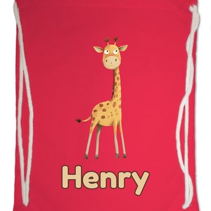 Kids Gym Bag Personalised Any Name Cute Watercolour Giraffe Gym Bag. Nursery Swimming PE Boy Girl, Birthday Christmas Cotton. Back to School Bright Red