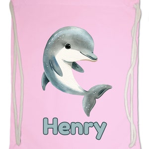 Kids Gym Bag Personalised Any Name Cute Watercolour Dolphin Gym Bag Nursery Swimming PE. Boy Girl,Birthday Christmas. Cotton. Back to School Classic Pink