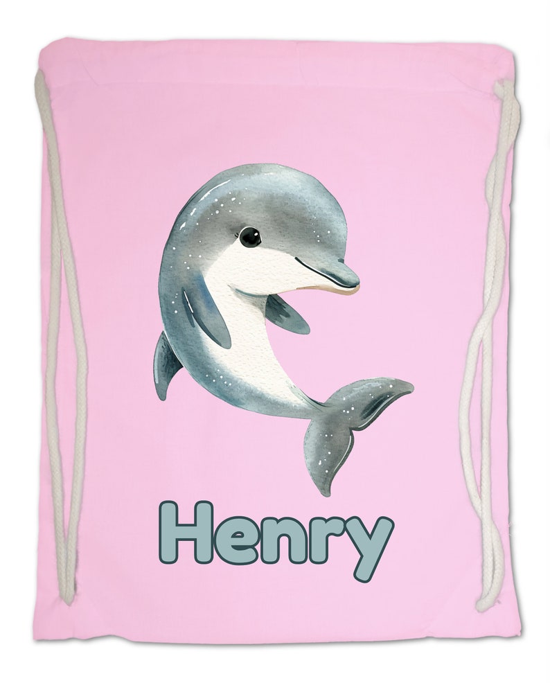 Kids Gym Bag Personalised Any Name Cute Watercolour Dolphin Gym Bag Nursery Swimming PE. Boy Girl,Birthday Christmas. Cotton. Back to School Classic Pink