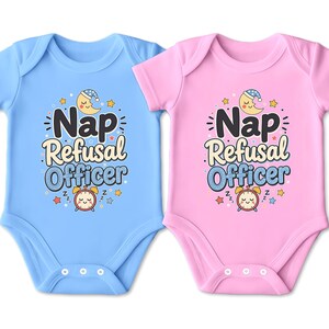 Nap Refusal Officer Baby Bodysuit - Soft Cotton Short Sleeve Infant Wear with Moon Stars Alarm Clock Illustration for Newborns