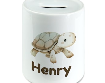 Personalised Watercolour Cute Turtle Kids Money Box Piggy Bank, Savings Jar for Kids Coins Bank Cash Box Ceramic Boys & Girls Nursery