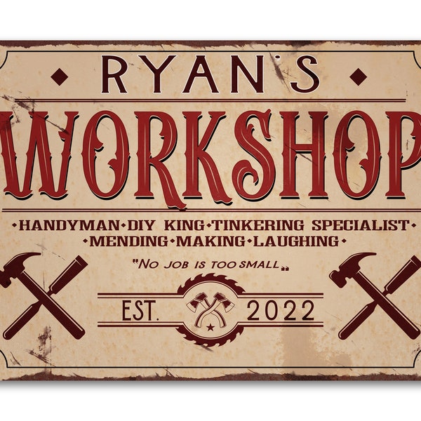 Personalised Any Name METAL Workshop Plaque Sign. Home Tool Shed Man Cave Garage. Rusty Handyman Mend DIY. Gift Idea for Dad, Grandad, Son