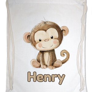 Kids Gym Bag Personalised Any Name Cute Watercolour Monkey Gym Bag. Nursery Swimming PE Boy Girl, Birthday Christmas Cotton. Back to School White