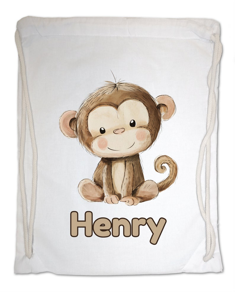 Kids Gym Bag Personalised Any Name Cute Watercolour Monkey Gym Bag. Nursery Swimming PE Boy Girl, Birthday Christmas Cotton. Back to School White