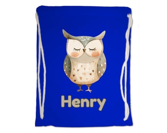 Kids Gym Bag Personalised Any Name Cute Watercolour Owl Gym Bag. Nursery Swimming PE Boy Girl, Birthday Christmas Cotton. Back to School