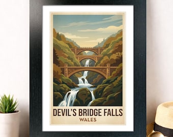 Cataratas del Puente del Diablo, Gales - Póster vintage de puentes de piedra apilada y cascadas. Impresión giclée. Arte mural. Decoración del hogar.