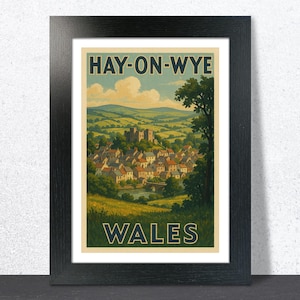 Hay-on-Wye Travel Poster. Vintage Framed Giclee Wall Art. Cities & Towns in Wales