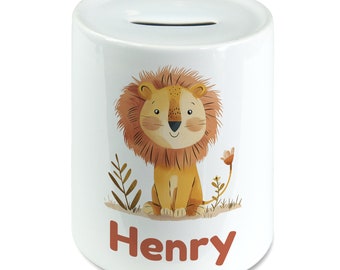 Personalised Watercolour Cute Lion Kids Money Box, Piggy Bank, Savings Jar for Kids Coins. Bank Cash Box. Ceramic. Boys & Girls Nursery