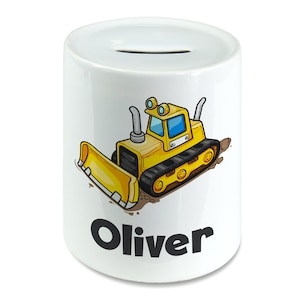 Personalizado qualquer nome bonito bulldozer escavador crianças caixa de dinheiro cofrinho, pote de poupança para crianças moedas banco caixa de dinheiro cerâmica meninos e meninas berçário