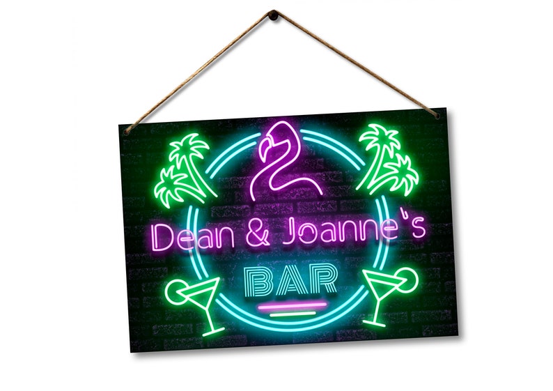 Personalised Bar Sign METAL Plaque Eighties 80s Neon Cocktail Nightclub Style. Home Pub Shed Man Cave. Screw Holes, Sticky Pads or Twine. image 6