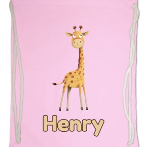 Kids Gym Bag Personalised Any Name Cute Watercolour Giraffe Gym Bag. Nursery Swimming PE Boy Girl, Birthday Christmas Cotton. Back to School Classic Pink