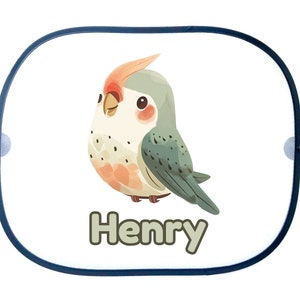 Parasol infantil personalizado con el nombre de un adorable loro. Protección solar. Fácil de instalar.
