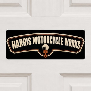 Personalised Biker Workshop Door Sign, Vintage Racing Patch Garage Decor, Unique Custom Wording Motorcycle Gift for Home Mechanics