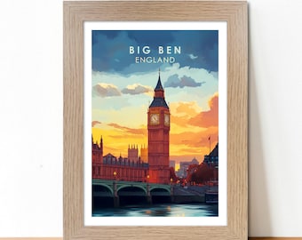 Big Ben, Londres, Inglaterra. Póster de viaje vintage para pared. Monumento panorámico. Decoración del hogar. Cámaras del Parlamento