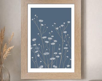 Wall Art Home Decor Scandinavian Nordic Minimalist Botanical Linework — Giclée Art Print of Delicate Stems on Slate Blue with Warm Beige for