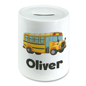 Personalised Any Name Cute School Bus Kids Money Box Piggy Bank Savings Jar for Kids Coins Cash Box Ceramic Boys, Girls Nursery