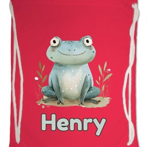 Kids Gym Bag Personalised Any Name Cute Watercolour Frog Gym Bag Nursery Swimming PE Boy Girl Birthday Christmas. Cotton. Back to School Bright Red