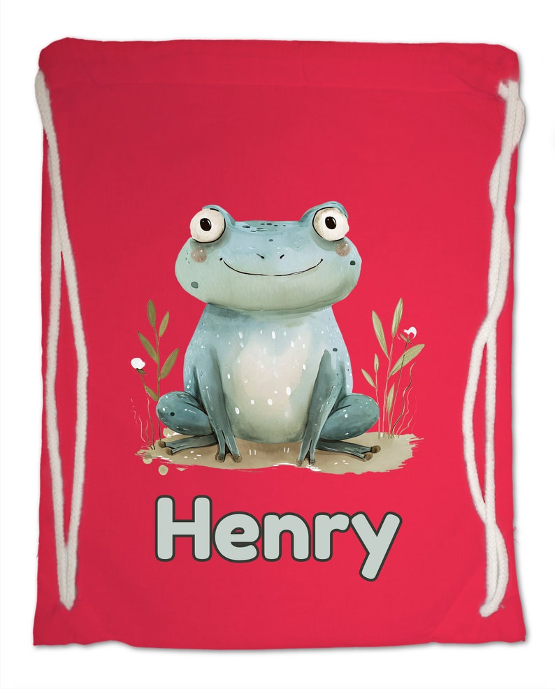 Kids Gym Bag Personalised Any Name Cute Watercolour Frog Gym Bag Nursery Swimming PE Boy Girl Birthday Christmas. Cotton. Back to School Bright Red