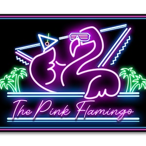 Pink Flamingo Bar Sign METAL Plaque Eighties 80s Neon Cocktail Nightclub Style. Home Pub Shed Man Cave Beach Island Various Sizes and styles