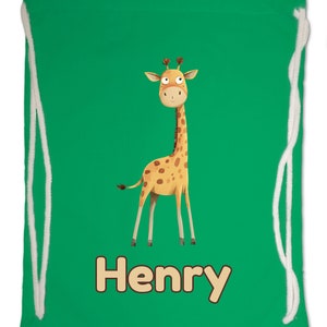 Kids Gym Bag Personalised Any Name Cute Watercolour Giraffe Gym Bag. Nursery Swimming PE Boy Girl, Birthday Christmas Cotton. Back to School Kelly Green