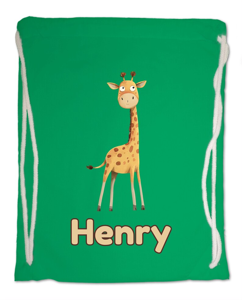 Kids Gym Bag Personalised Any Name Cute Watercolour Giraffe Gym Bag. Nursery Swimming PE Boy Girl, Birthday Christmas Cotton. Back to School Kelly Green