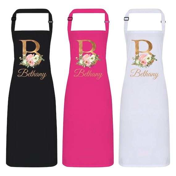Personalised Floral Gold Initial & Name Apron. Adjustable Strap. Gift Idea for Her. Mum Sister Daughter Direct to Garment Print. 7 Colours