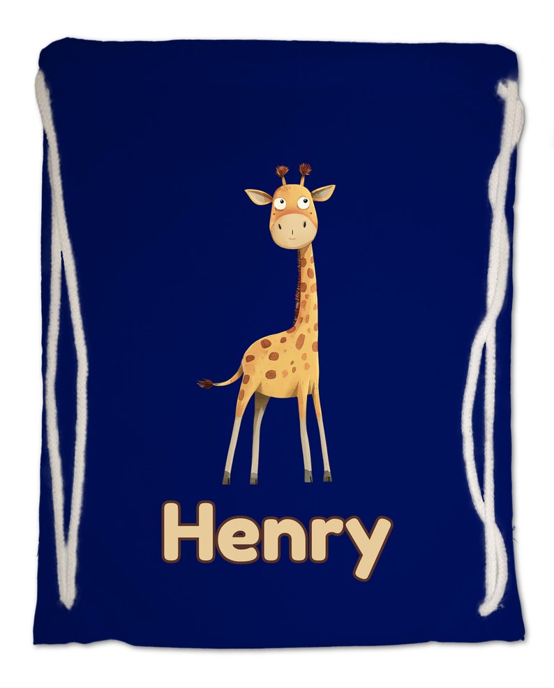 Kids Gym Bag Personalised Any Name Cute Watercolour Giraffe Gym Bag. Nursery Swimming PE Boy Girl, Birthday Christmas Cotton. Back to School French Navy