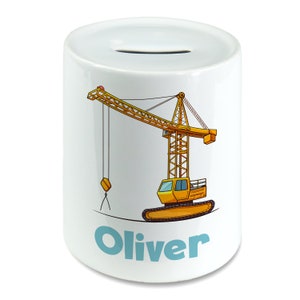 Personalised Any Name Cute Crane Digger Kids Money Box Piggy Bank, Savings Jar for Kids Coins Bank Cash Box Ceramic Boys & Girls Nursery