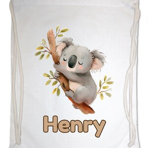 Kids Gym Bag Personalised Any Name Cute Watercolour Koala Gym Bag. Nursery Swimming PE Boy Girl, Birthday Christmas Cotton. Back to School White