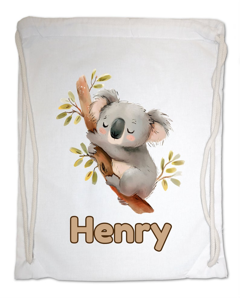 Kids Gym Bag Personalised Any Name Cute Watercolour Koala Gym Bag. Nursery Swimming PE Boy Girl, Birthday Christmas Cotton. Back to School White