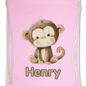 Kids Gym Bag Personalised Any Name Cute Watercolour Monkey Gym Bag. Nursery Swimming PE Boy Girl, Birthday Christmas Cotton. Back to School Classic Pink