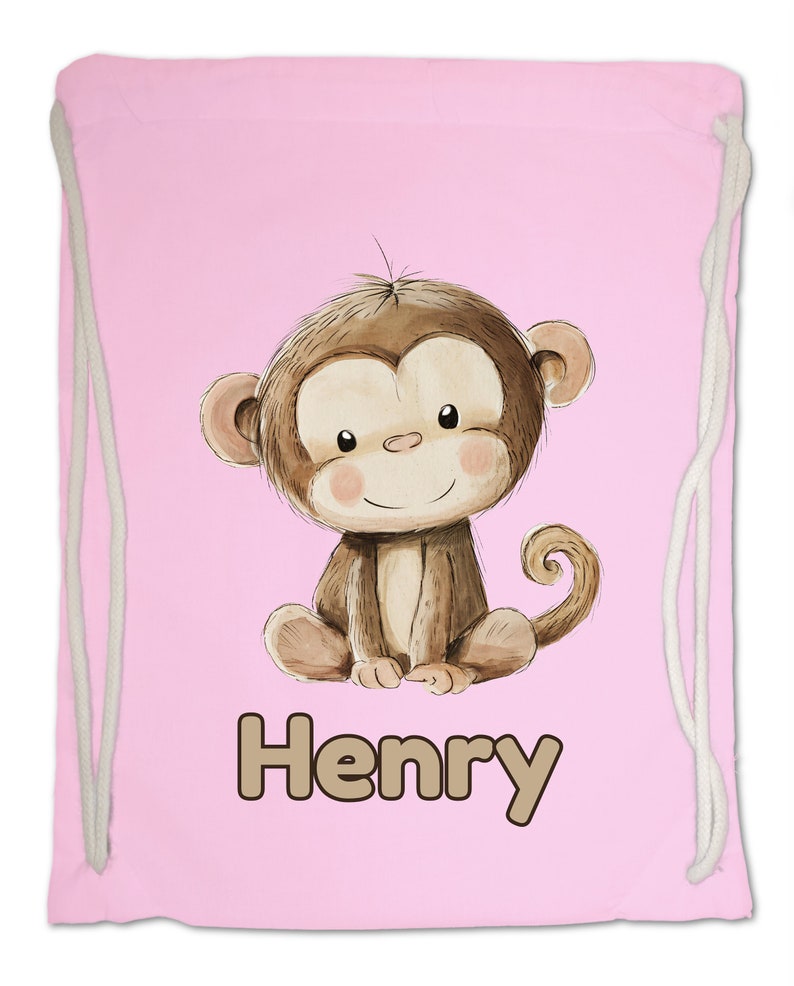 Kids Gym Bag Personalised Any Name Cute Watercolour Monkey Gym Bag. Nursery Swimming PE Boy Girl, Birthday Christmas Cotton. Back to School Classic Pink